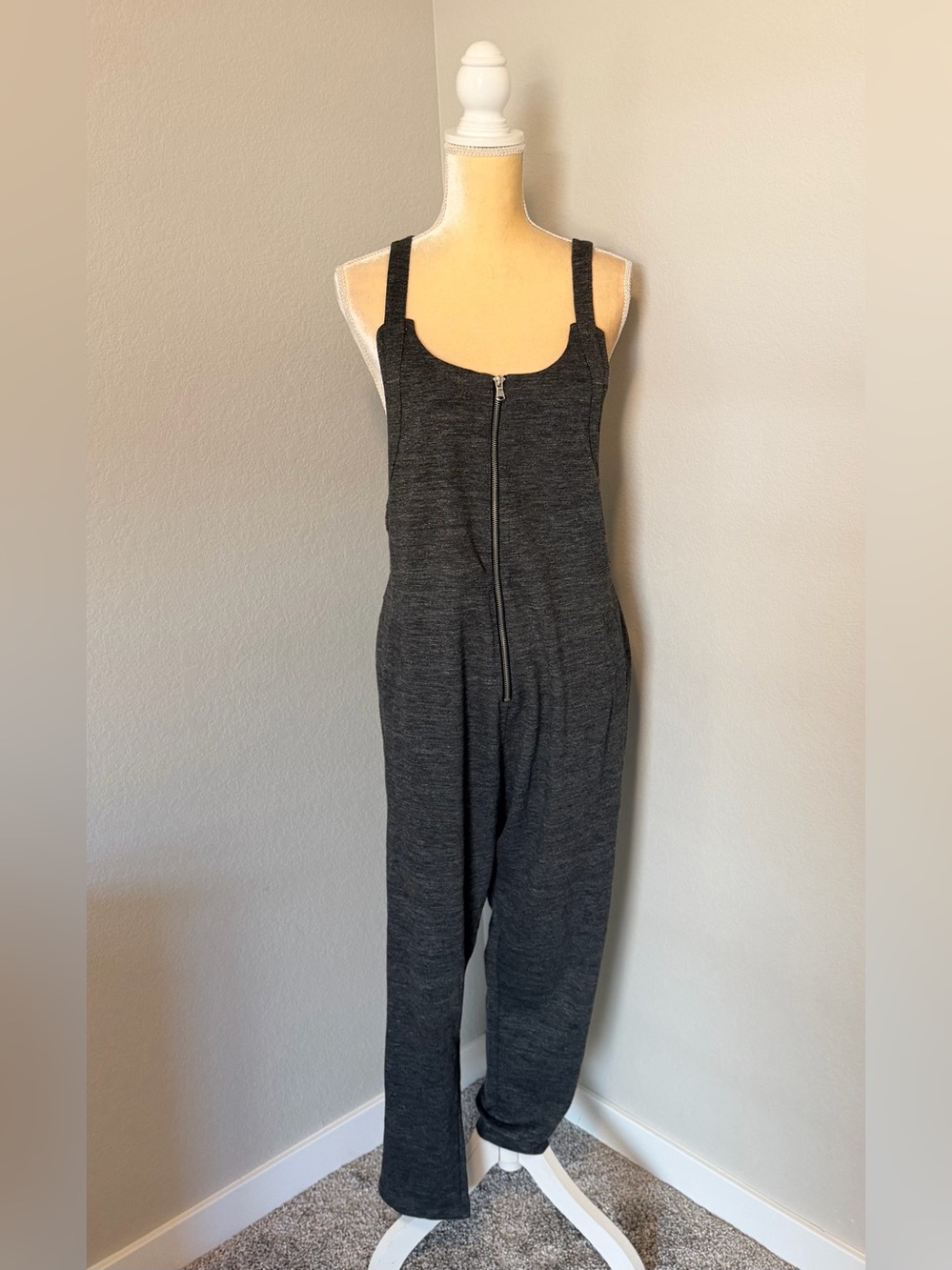 Free People Criss Cross Back Zip Front Knit Jumpsuit Charcoal Small - Picture 4 of 7